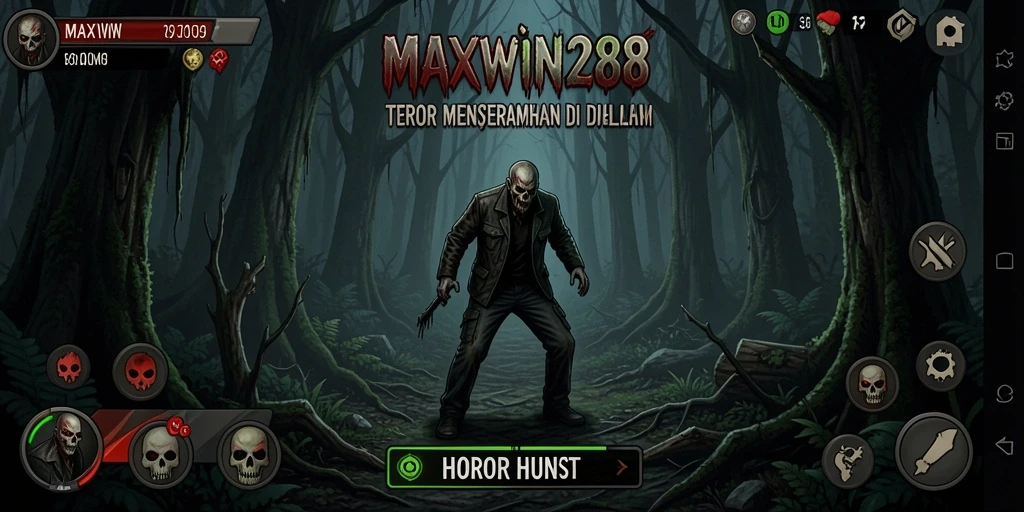 Antarmuka permainan MAXWIN288 yang menakutkan di hutan angker.